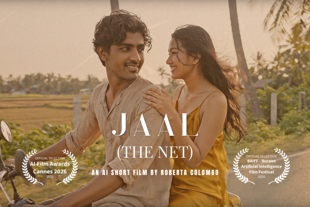 Locandina del cortometraggio 'Jaal (The Net)' di Roberta Colombo, con una coppia sorridente in moto su un percorso panoramico.